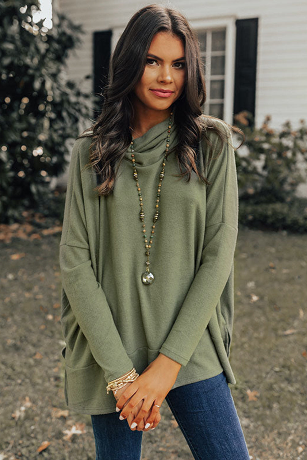 Jungle Green High Neck Split Shift Tunic Top