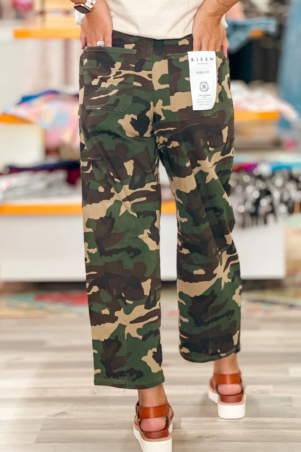 Green Camouflage Print Large Patch Pocket Barrel Jeans