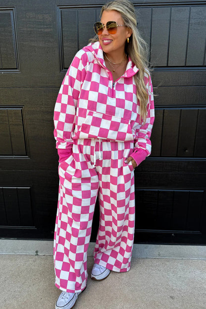 Red Checkered Print Half Zip Hoodie