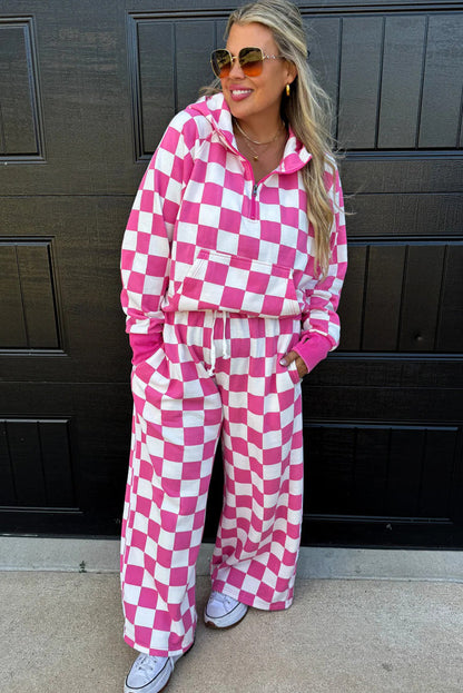 Red Checkered Print Half Zip Hoodie