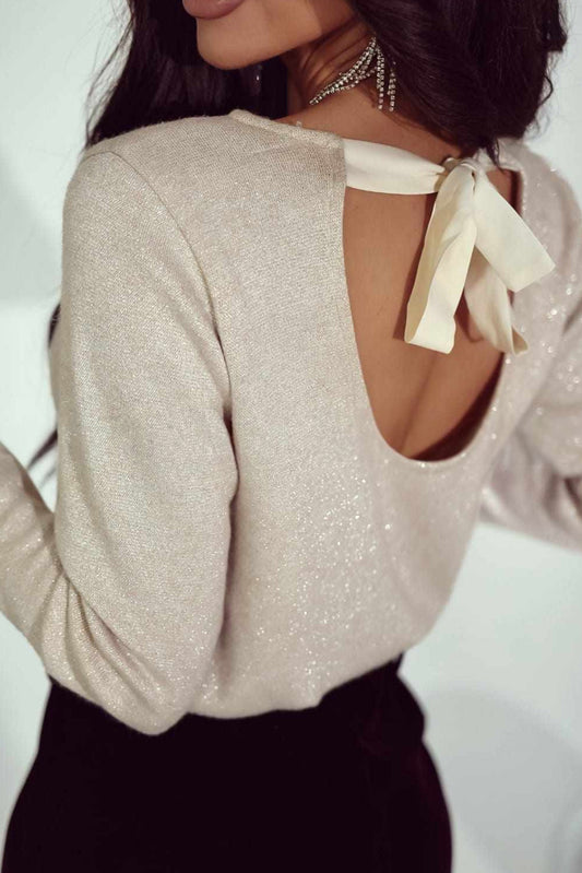 Jet Stream Open Back Ribbon Bow Decor Shimmery Long Sleeve Top
