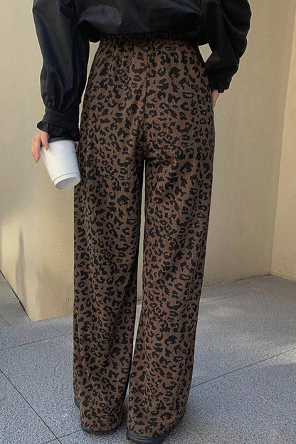 Dark Brown Leopard Print Elastic High Waist Loose Corduroy Pants