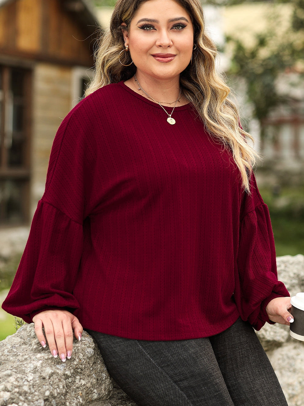 Crimson Dahlia Plus Size Jacquard Knit Bubble Sleeve Top