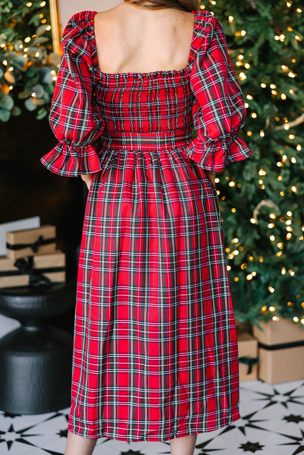 Red Tartan Plaid Square Neck Puff Sleeve Knot Waist Flared Midi Dress