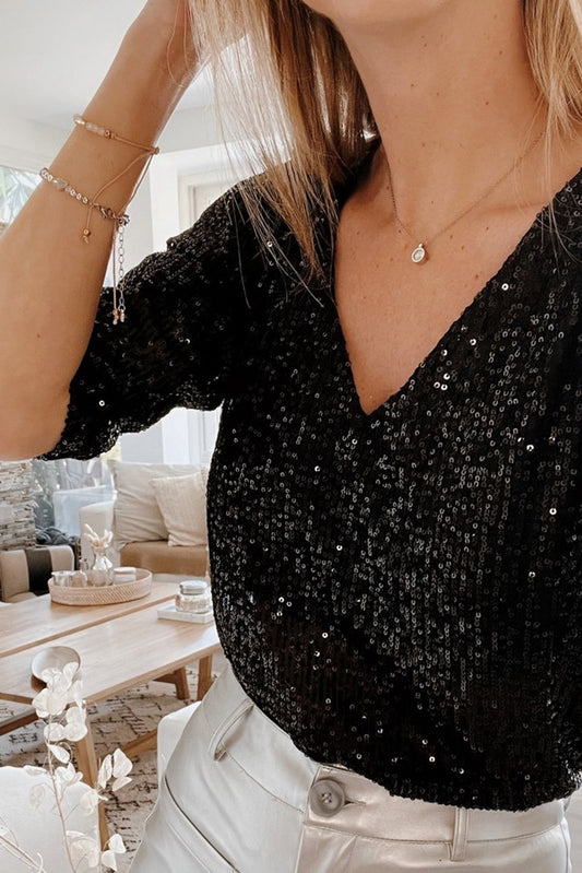 Black Sequin V Neck 3/4 Sleeve Top