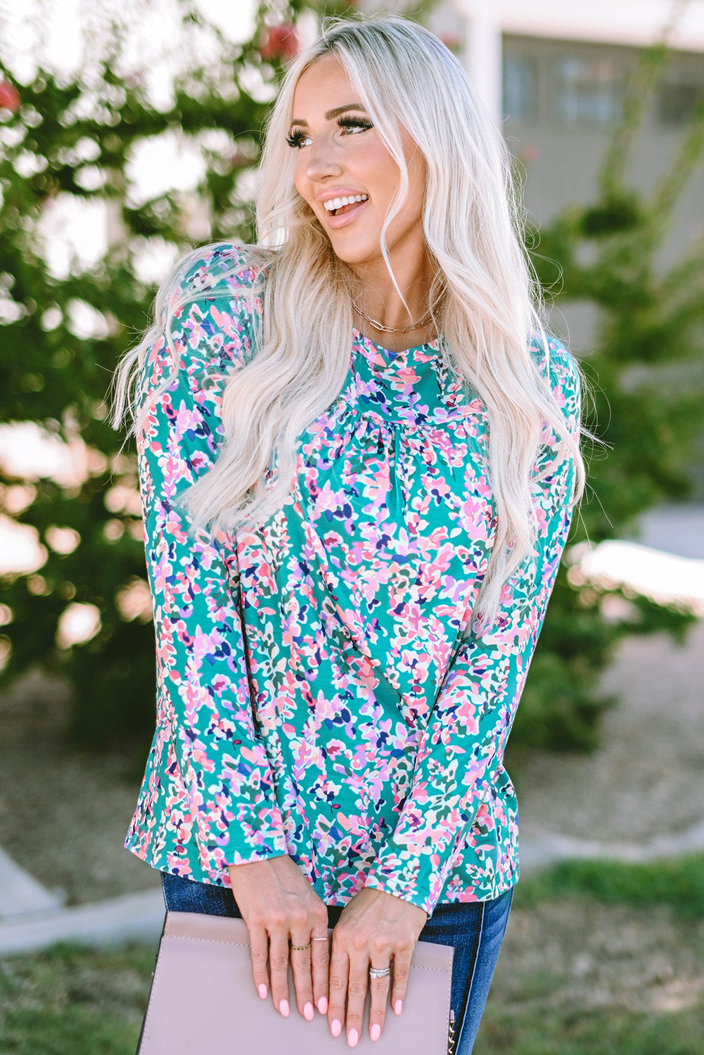 Green Floral Pleated Round Neck Long Sleeve Blouse - Southern Belle Style Shift Top