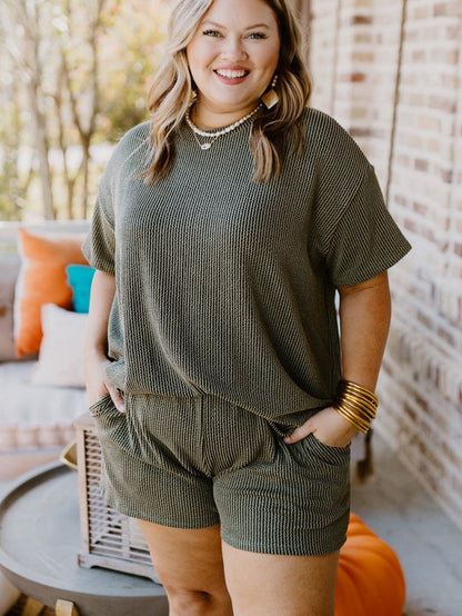 Moss Green Plus Size Rib Knit Short Sleeve Top and Shorts Set