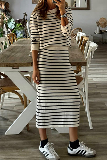 Black Stripe Ribbed Trim Button Cuff Long Sleeve Top Midi Skirt 2pcs Outfit