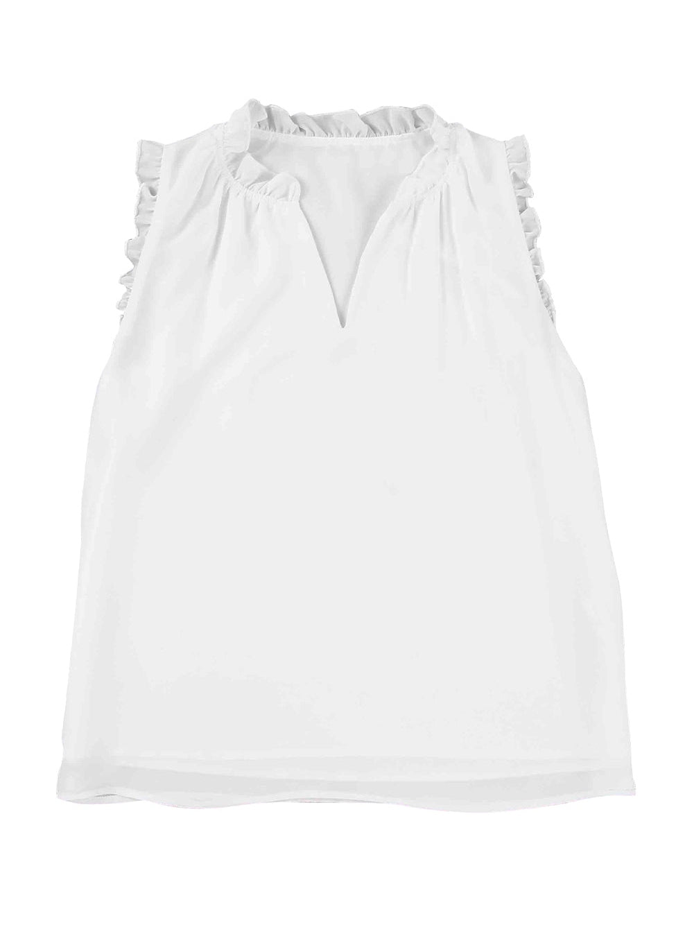 Frill Trim V Neck Tank Top in White Cotton Blend