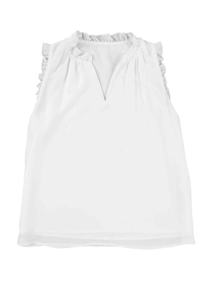 Frill Trim V Neck Tank Top in White Cotton Blend