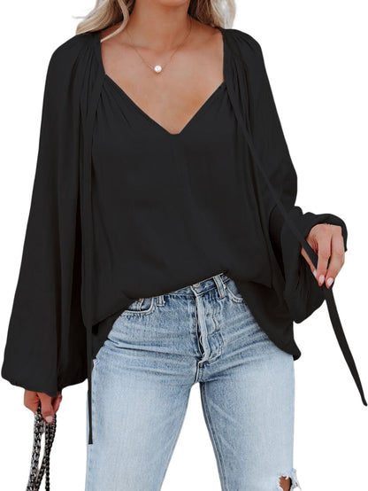 Elegant Black Satin V Neck Pleated Puff Sleeve Blouse