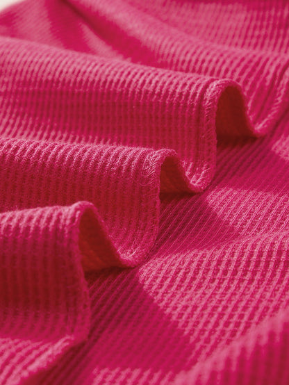 Strawberry Pink Plus Size Contrast Lace Sleeve Waffle Knit Top