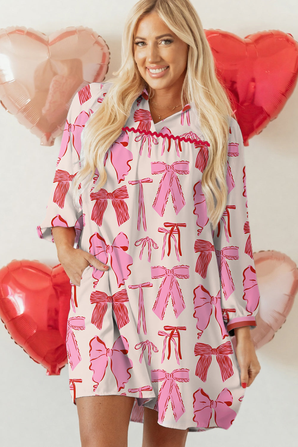 Pink Bow Print Contrast Trim Collar V Neck Long Sleeve Shift Mini Dress