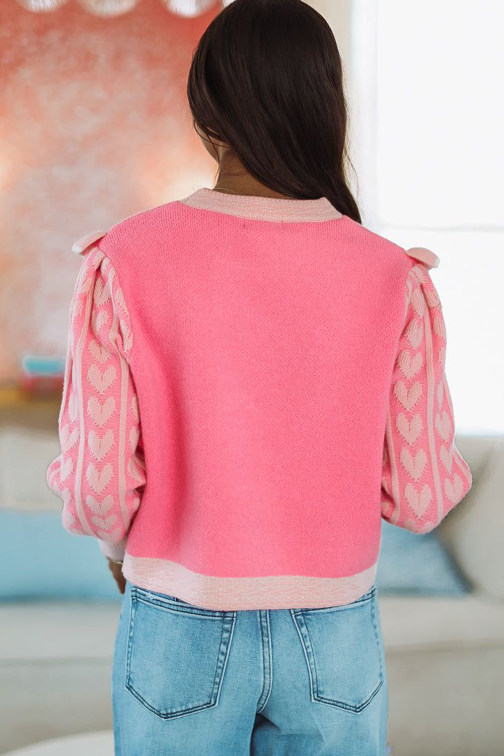 Pink Ruffle Trim Heart Pattern Sleeve Color Block Knit Sweater