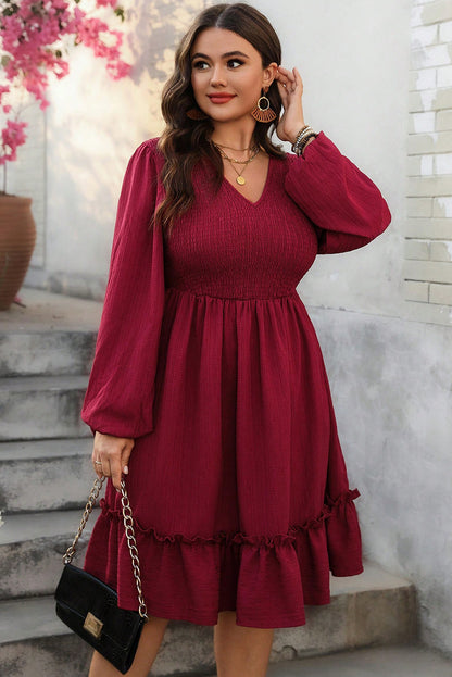 Red Dahlia Plus Size V Neck Shirred A-Line Long Sleeve Ruffle Hem Midi Dress