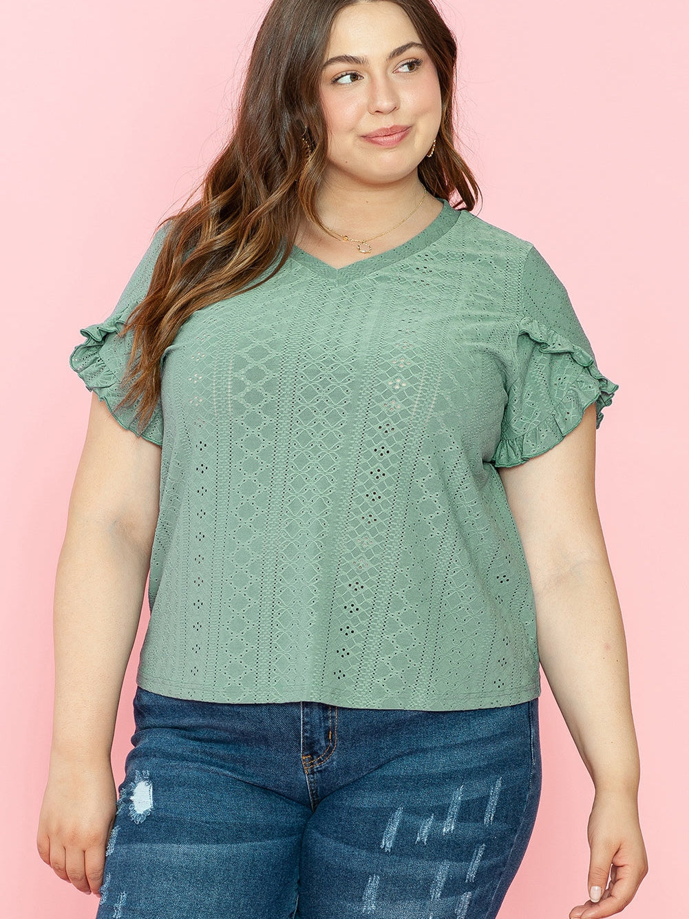 Green Jacquard V-Neck Plus Size Blouse with Petal Sleeves