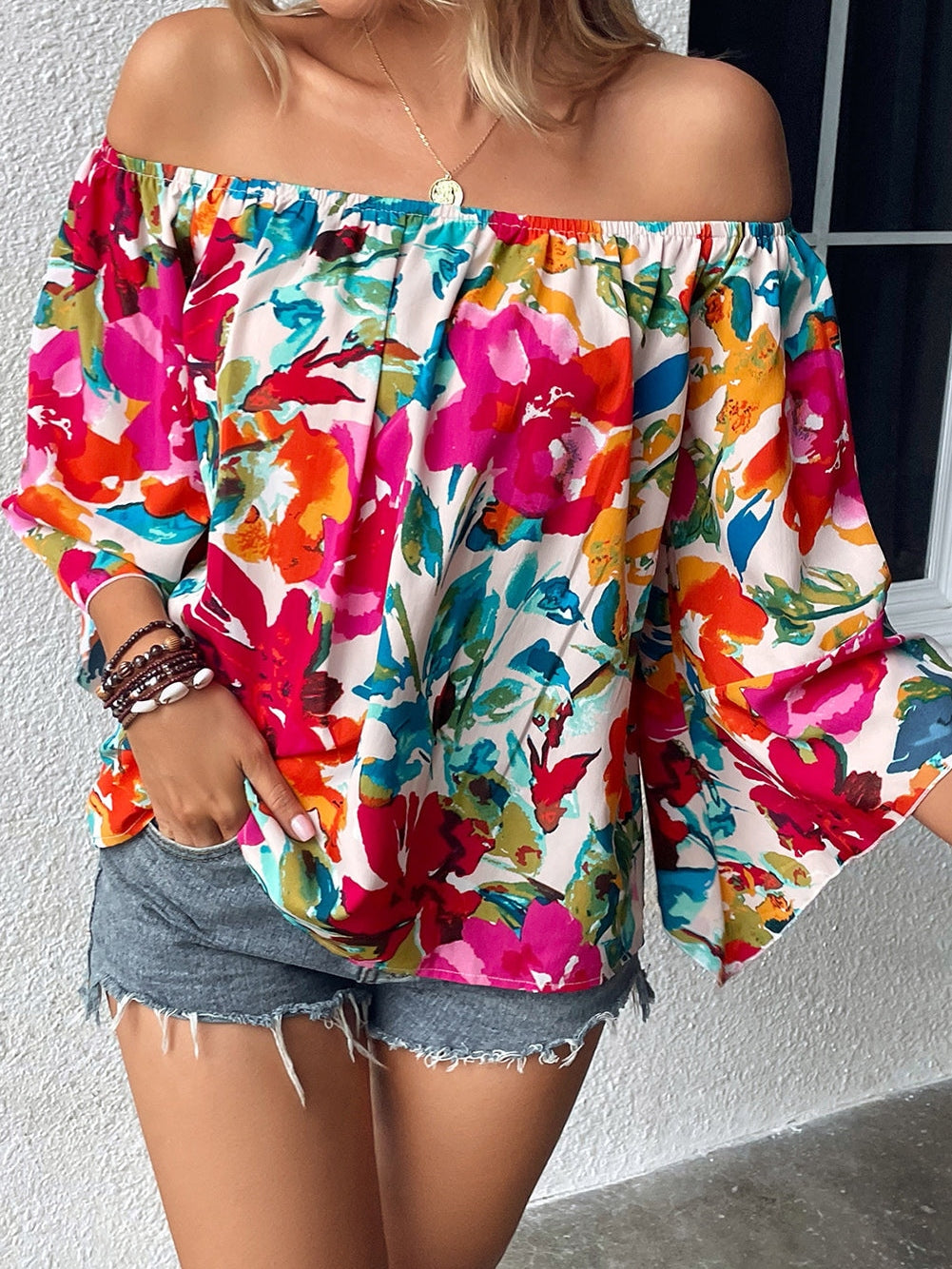 Floral Fantasy Off Shoulder Bell Sleeve Top