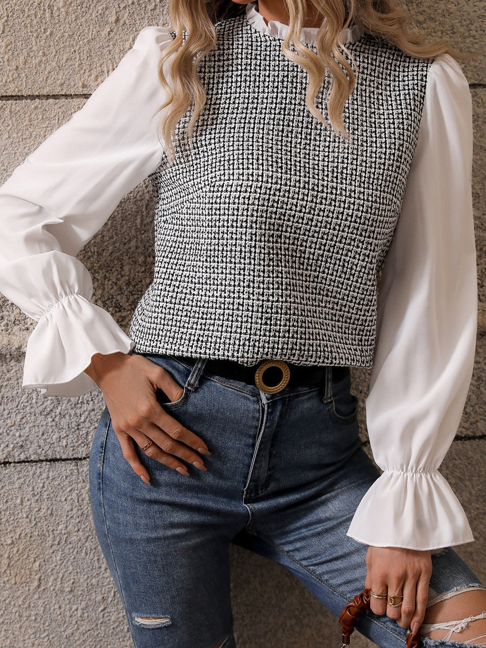 Elegant Black Tweed Top with Frill Neck and Flounce Sleeves