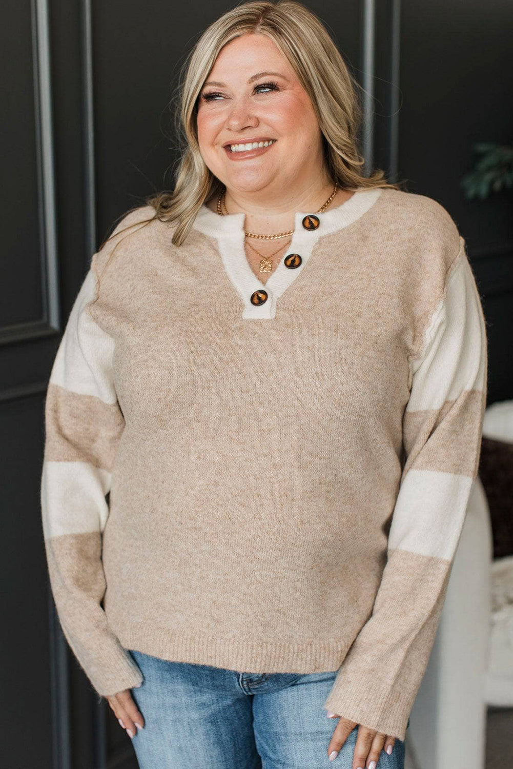 Parchment Color Block Sleeve Button Notched Neck Plus Size Sweater