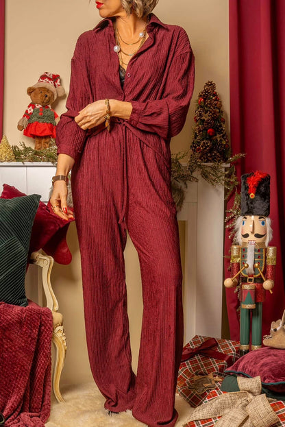 Red Dahlia Textured Loose Shirt Drawstring Elastic Waist 2pcs Pant Set