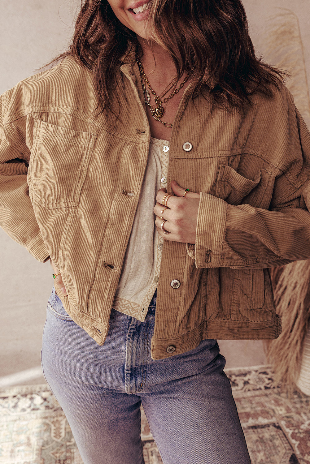 Camel Double Patch Pocket Plus Size Corduroy Jacket