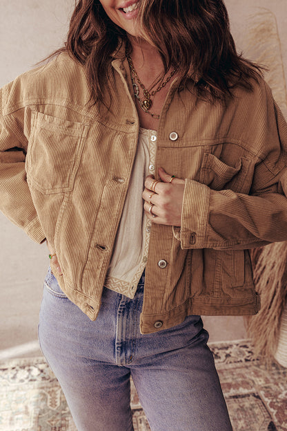 Camel Double Patch Pocket Plus Size Corduroy Jacket
