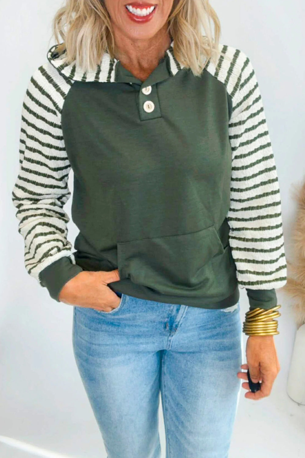 Mist Green Striped Contrast Patchwork Raglan Sleeve Kangaroo Pocket Hoodie