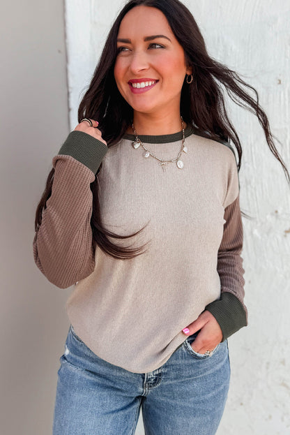 Parchment Color Block Mix Texture Patchwork Long Sleeve Top
