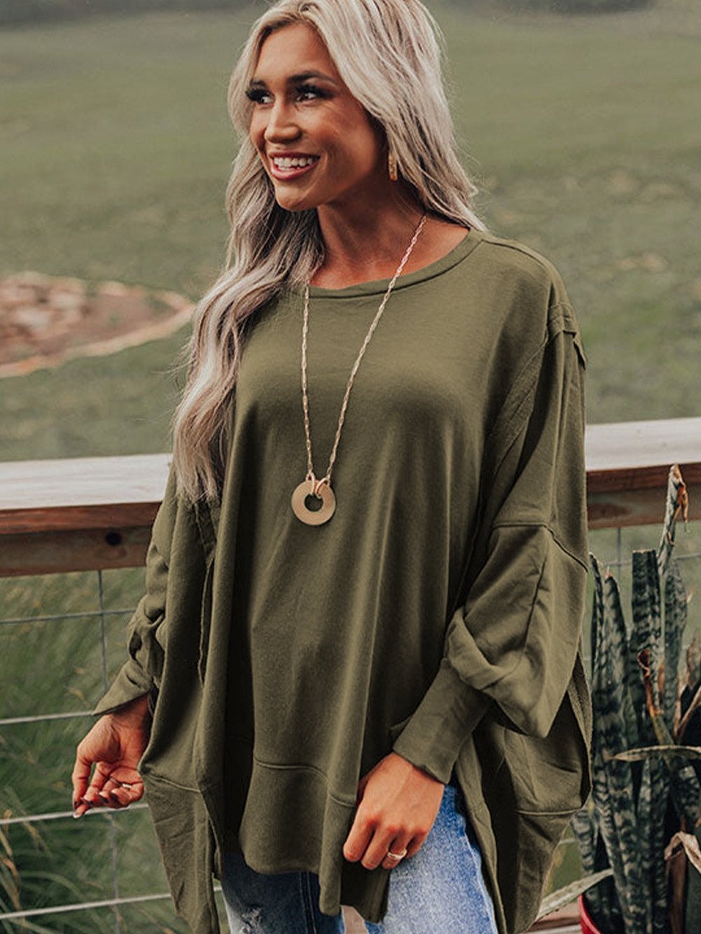 Green Patchwork Oversized Drop Shoulder Top