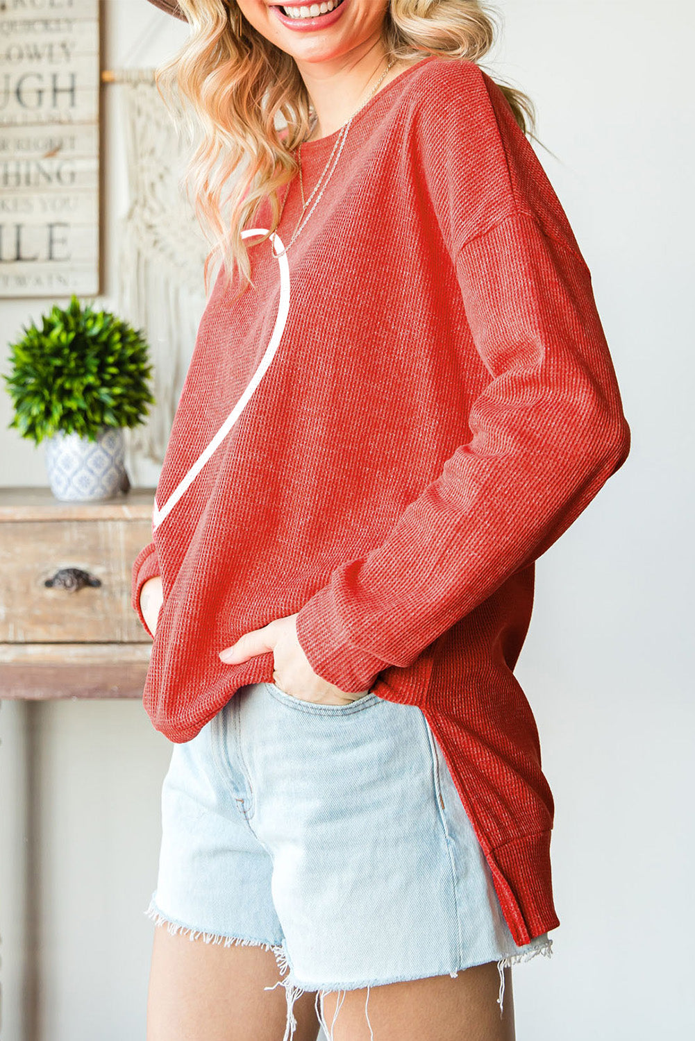 Heartfelt Red Waffle Knit High Low Long Sleeve Top