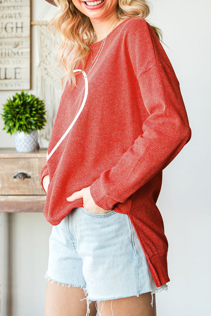 Heartfelt Red Waffle Knit High Low Long Sleeve Top