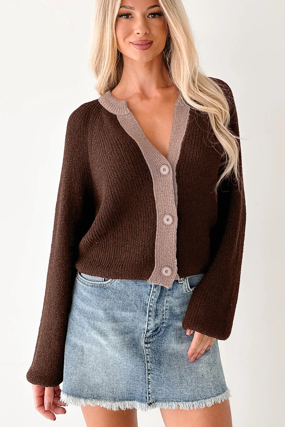 Chicory Coffee Contrast Knit V Neckline Short Cardigan