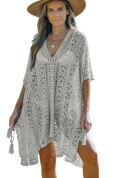 Boho Gray Crochet Beach Dress with Tassel Detail