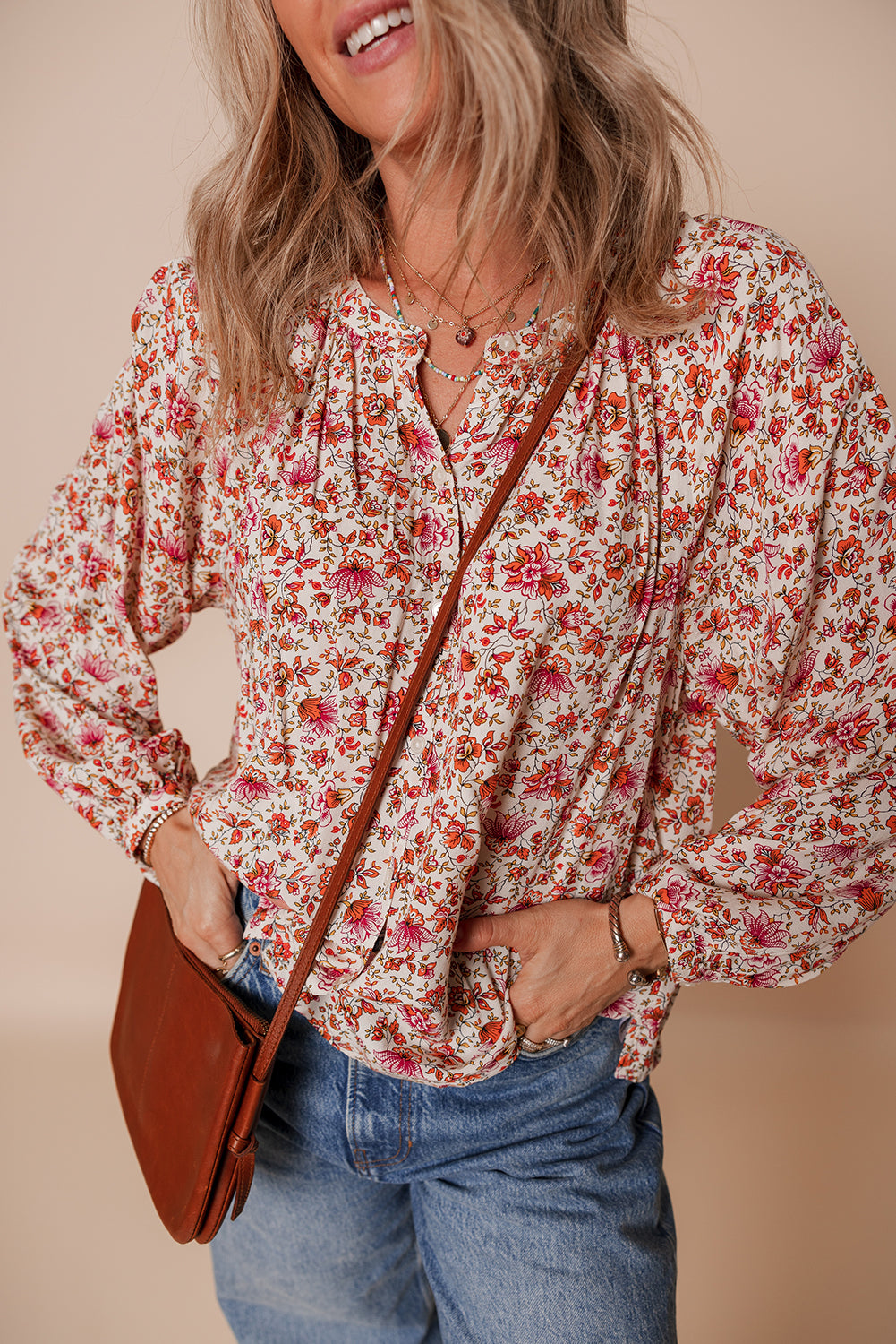 red floral blouse