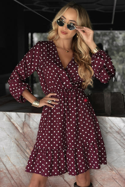 Violet Polka Dot Long Sleeve Wrap V Neck Ruffle Hem Mini Dress
