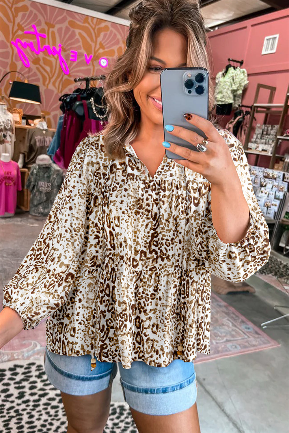 Khaki Leopard Print Long Sleeve Bead Tie V Neck Blouse