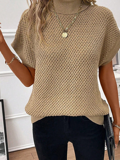 Elegant Pale Khaki Turtleneck Textured Short Sleeve Jumper