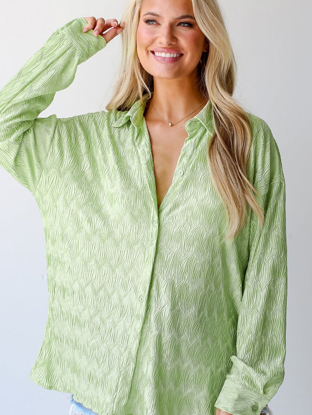 Green Slit Texture Oversized Collared Shirt
