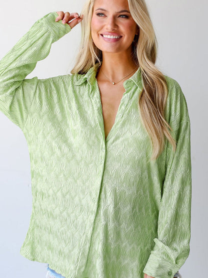 Green Slit Texture Oversized Collared Shirt