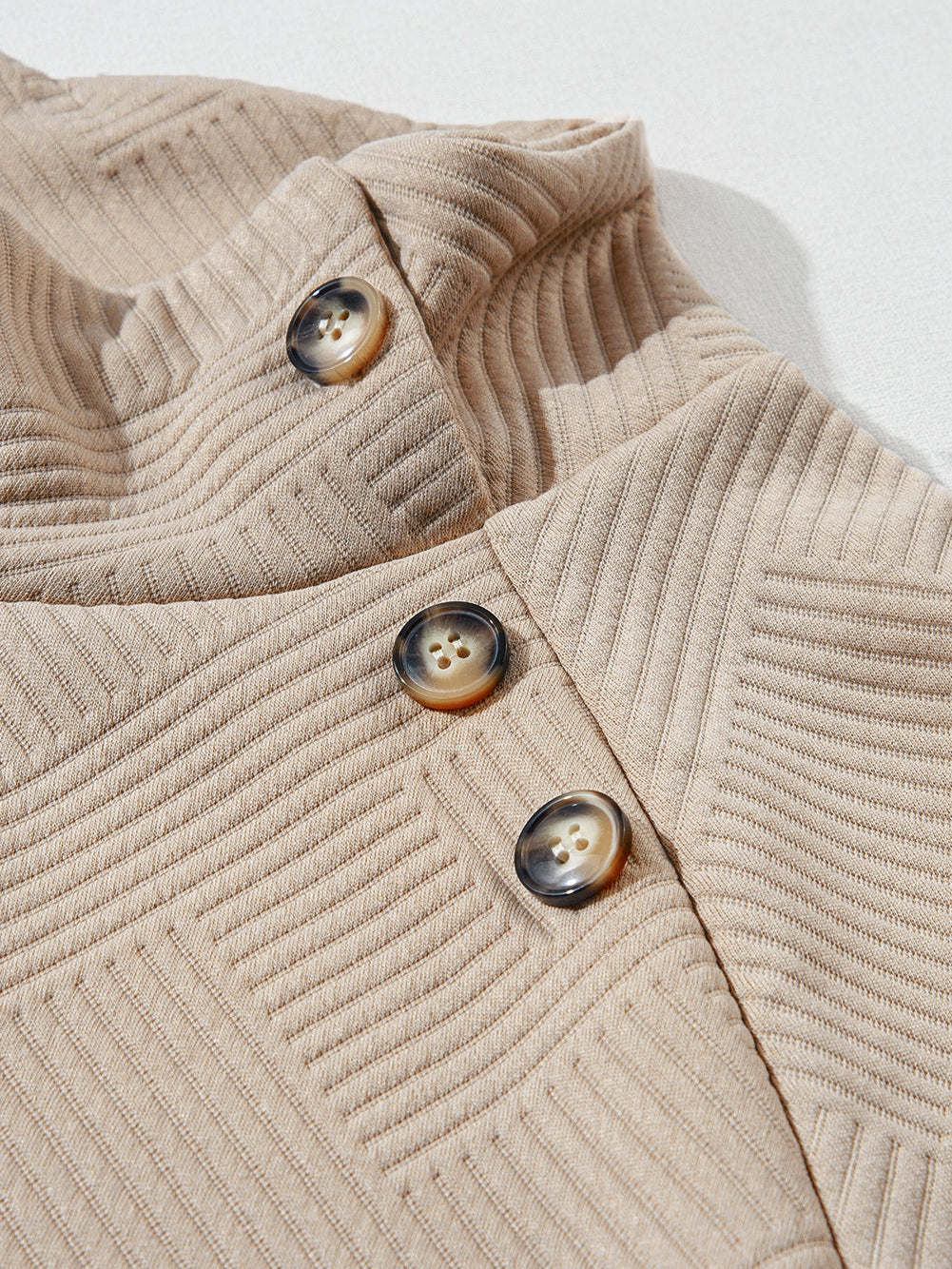 Apricot Textured High Neck Sweatshirt with Unique Asymmetrical Buttons