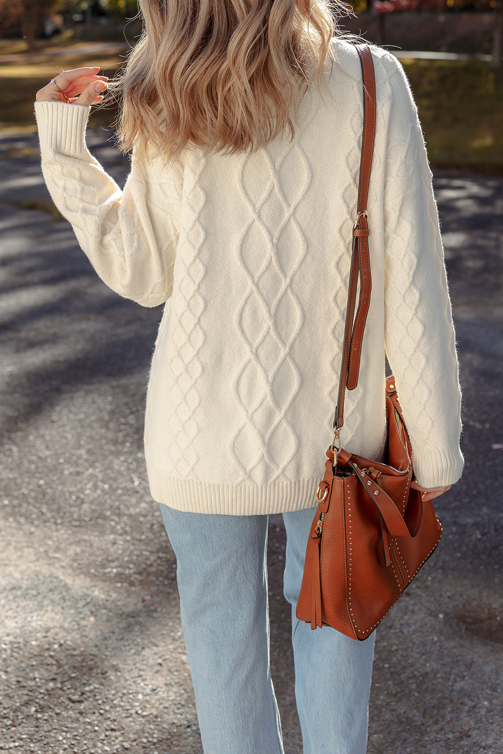 Beige Drop Shoulder Cable Knit Tunic Sweater