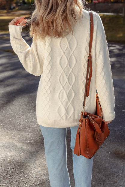 Beige Drop Shoulder Cable Knit Tunic Sweater