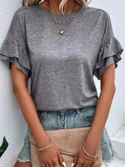 Grey Tiered Ruffle Sleeve Crew Neck Shift Top