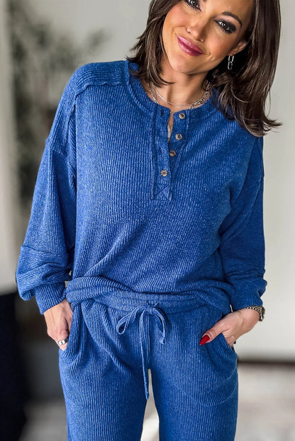 Sky Blue Brushed Ribbed Knit Exposed Seam Drop Shoulder Henley Top