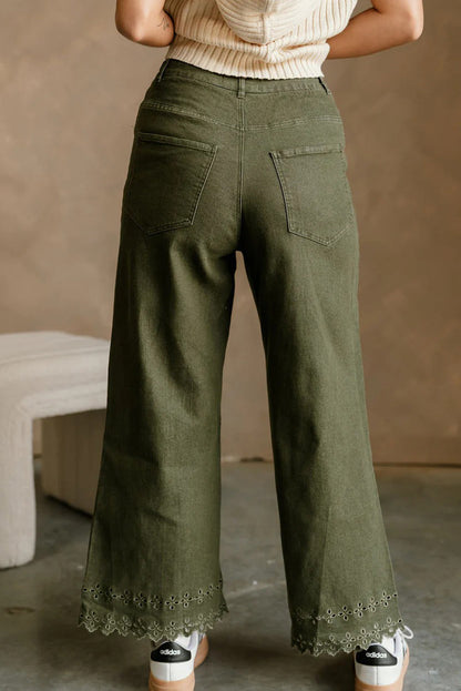 Four Leaf Clover Eyelet Embroidered Hem Detail High Waist Shift Jeans