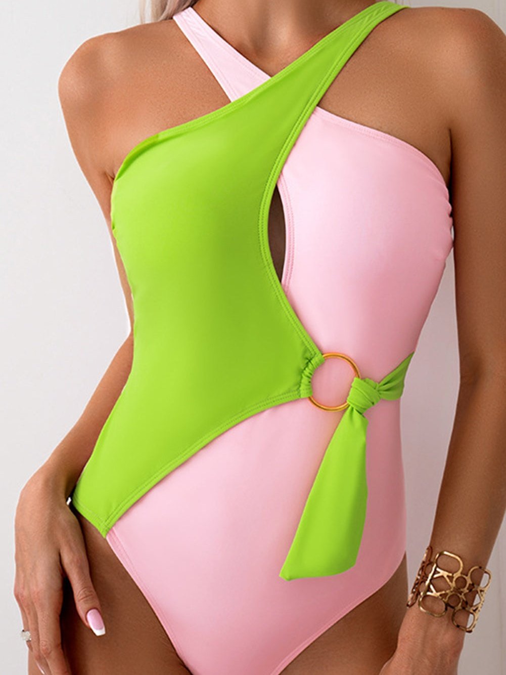 Green Colorblock Crossed Neck Monokini with Hollow Detail