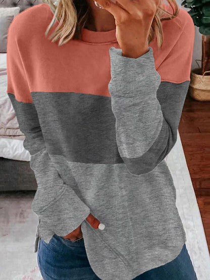 Gray Leopard Print Colorblock Sweatshirt with Slits