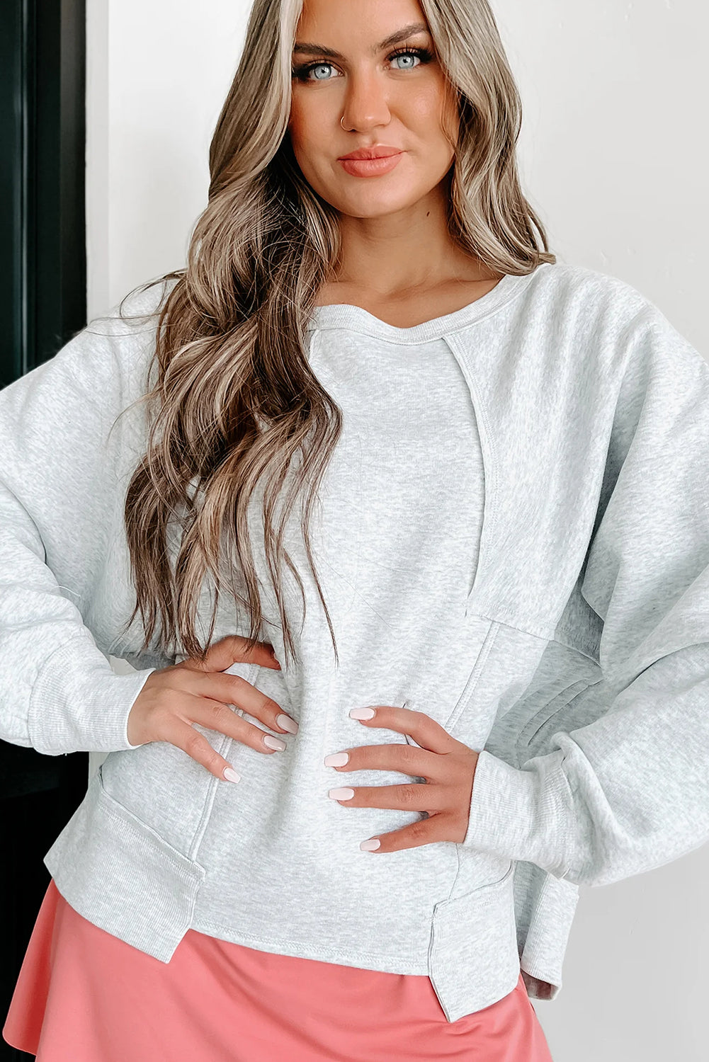 Light Grey Oversized Patch Detailed Uneven Hem Casual Sweatshirt