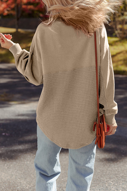 Parchment Waffle Knit Patchwork Half Zipped Casual Sweatshirt