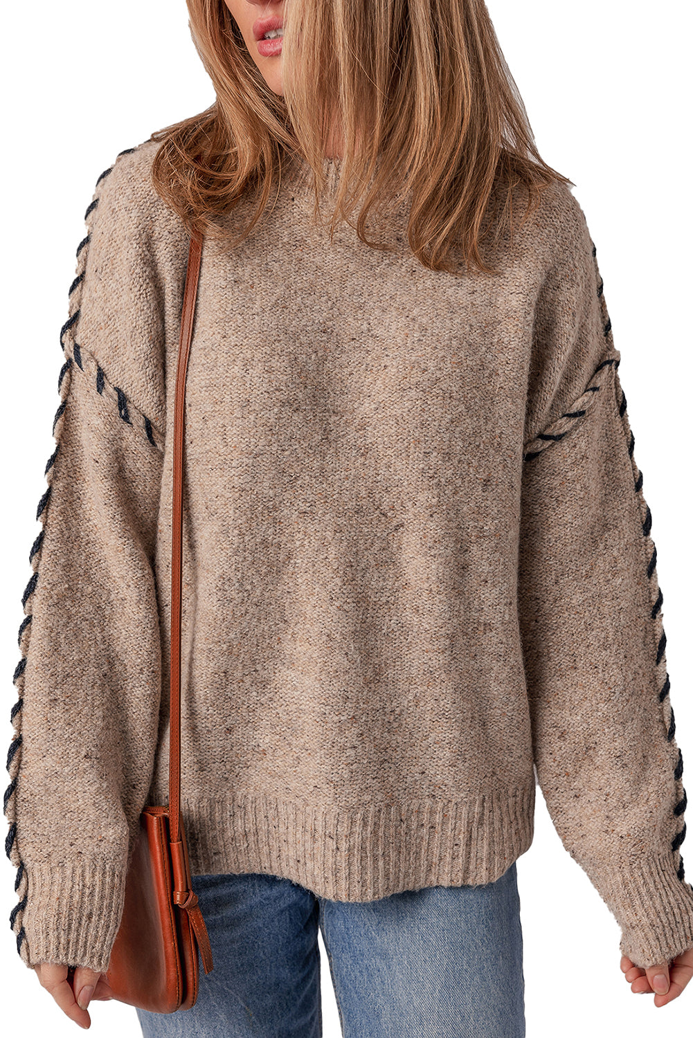 Smoke Gray Color Contrast Stitched Ribbed Edge Crew Neck Sweater